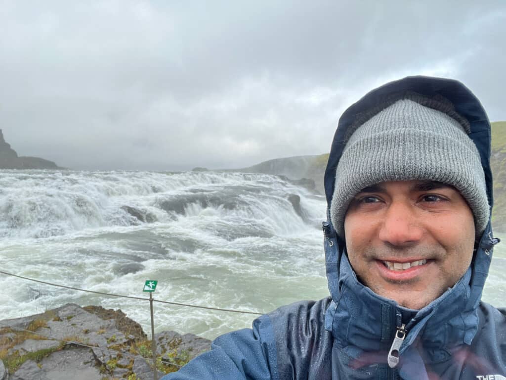 my husband's selfie in front of Gullfoss Waterfall
