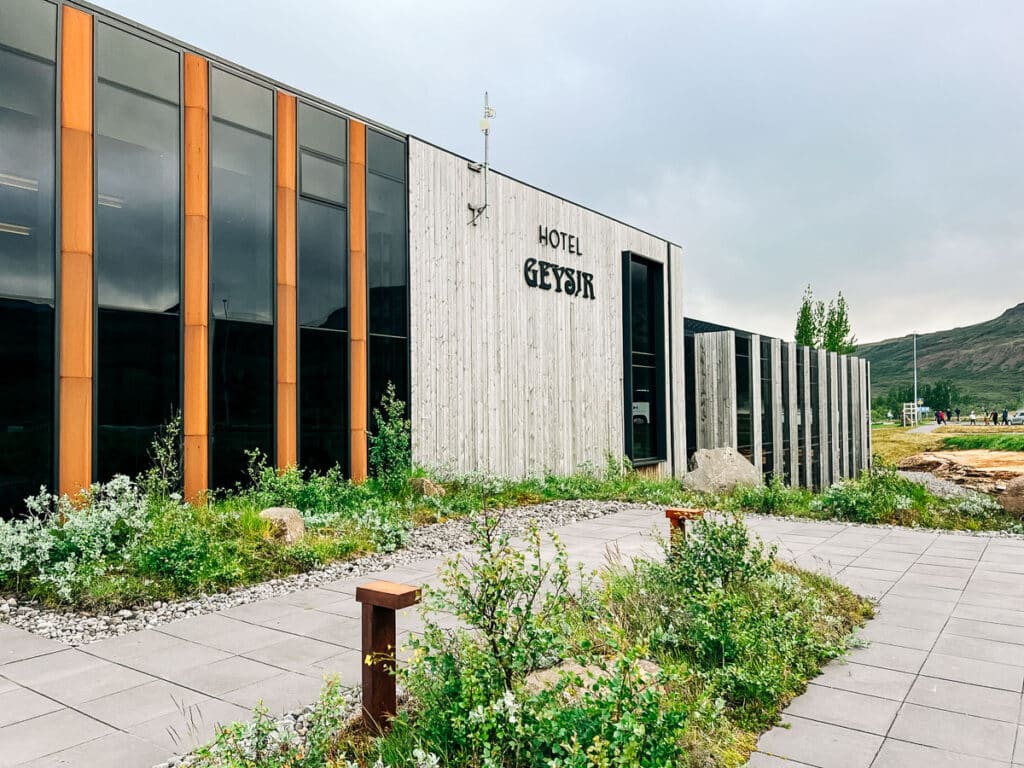 front of Hotel Geysir in Iceland