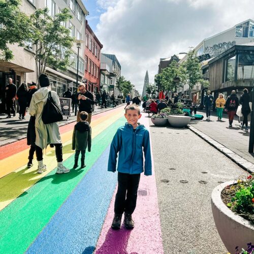 My son on the Rainbow Street in Reykjavik