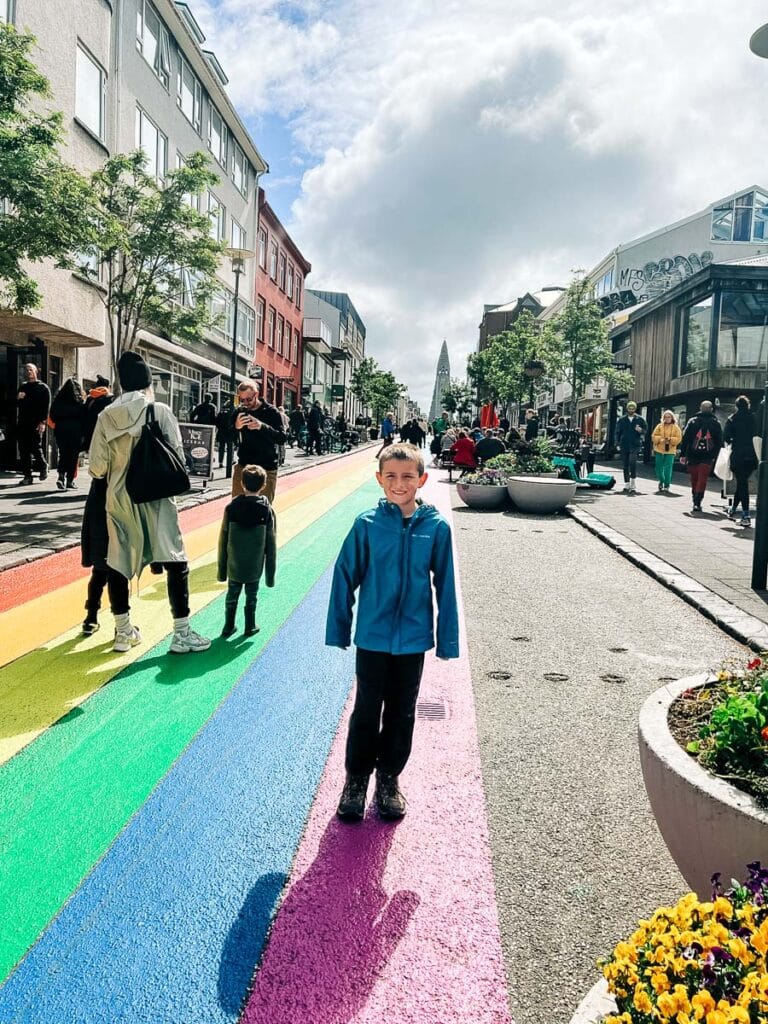 My son on the Rainbow Street in Reykjavik