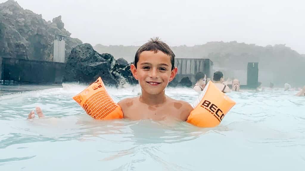 my son in arm floaties at Blue Lagoon