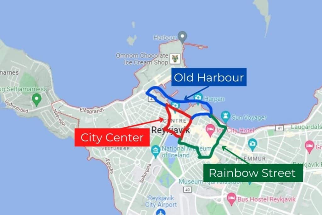 map of Reykjavik's best neighborhoods to stay in