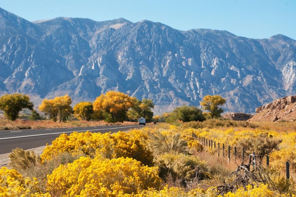 View of Sierra Nevada mountains of northern California through Highway US 395.