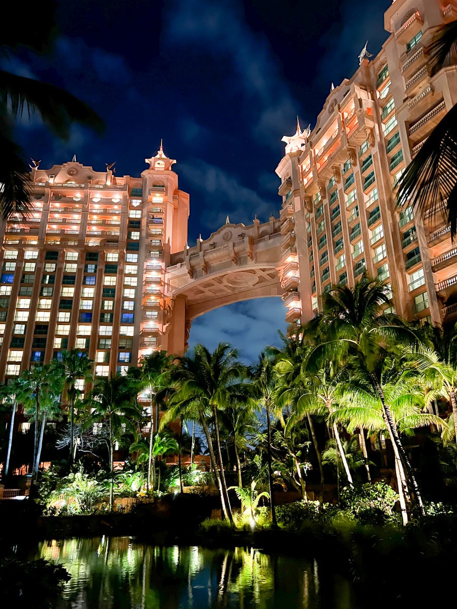 Royal Towers at Atlantis Bahamas lit up at night