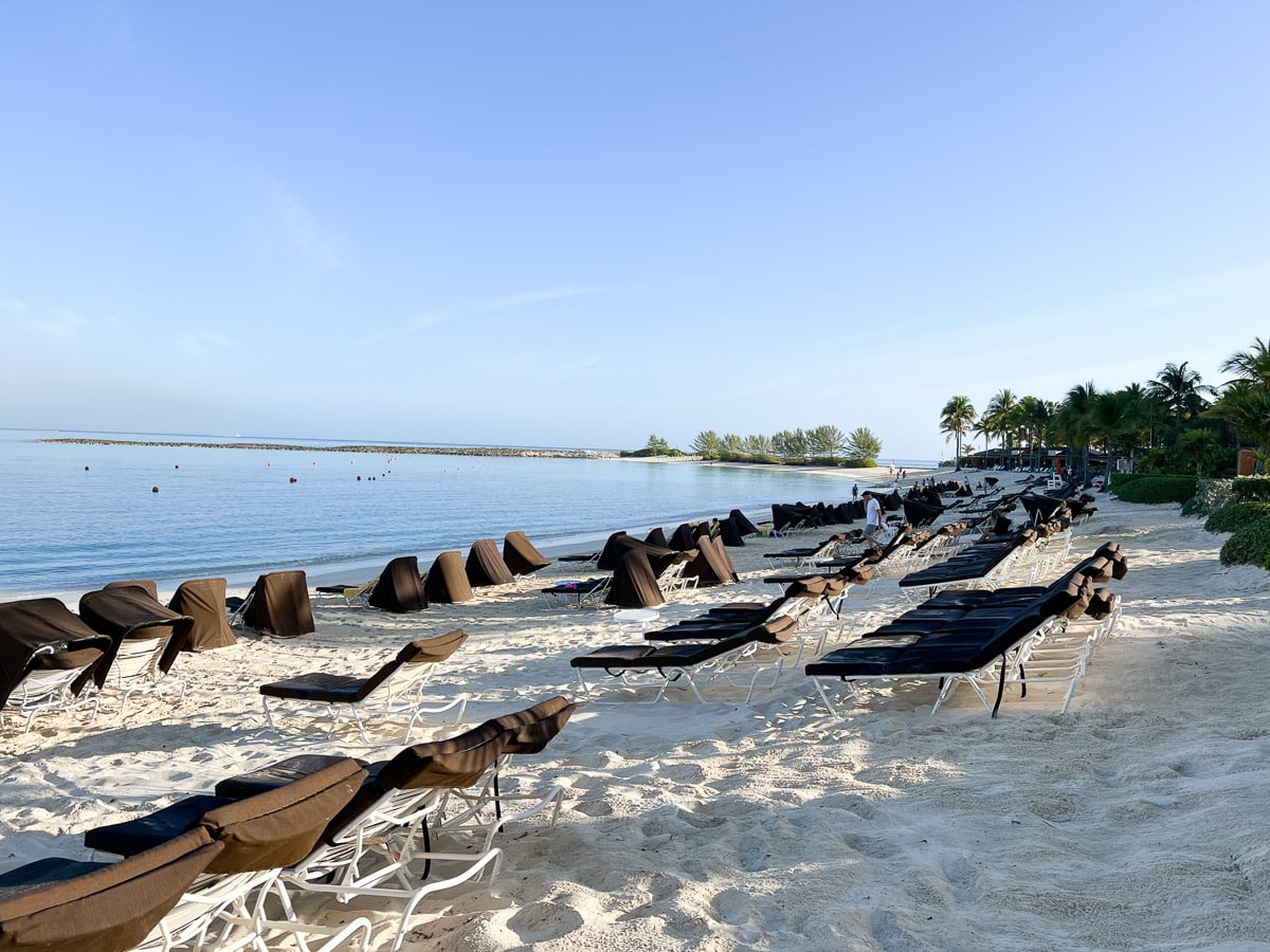 beach chairs lined up at Atlantis Bahamas