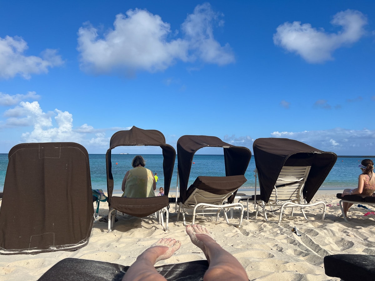 view from the second row of lounge chairs at the beach