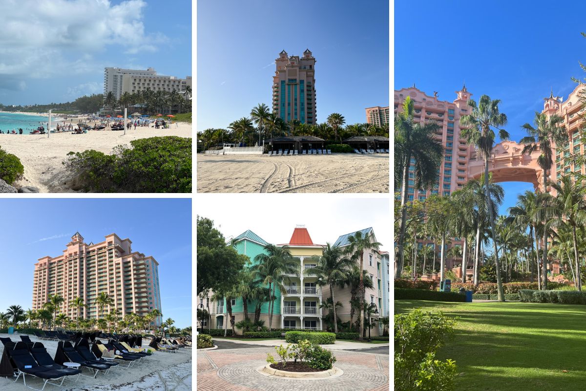 collage showing all the hotel options at Atlantis Bahamas Resort