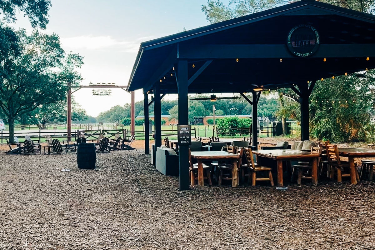 fire pit and outdoor seating in the luxury glamping area at westgate river ranch