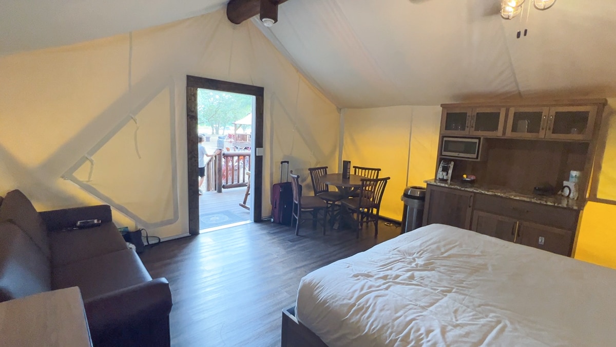 interior of the luxury glamping tent at Westgate River Ranch