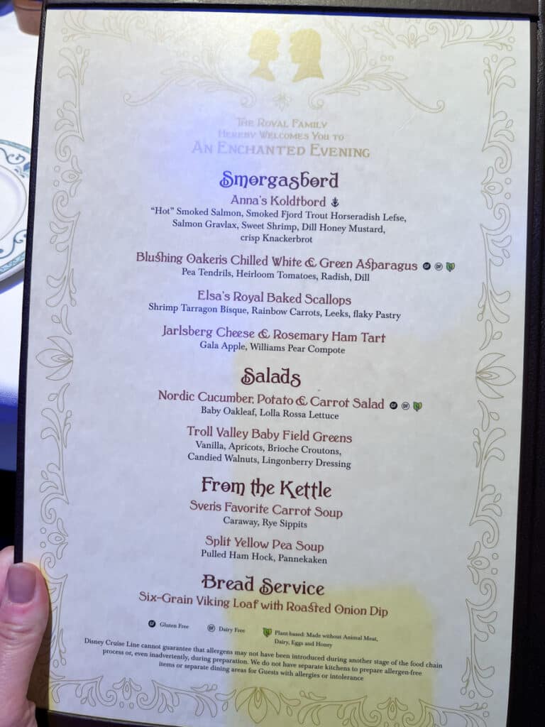 menu at Arendelle on the Disney Wish