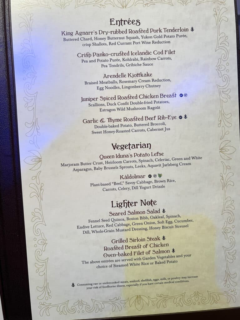 menu at Arendelle on the Disney Wish