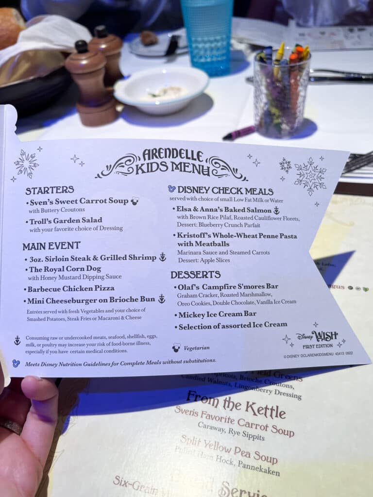 kids menu at Arendelle on the Disney Wish