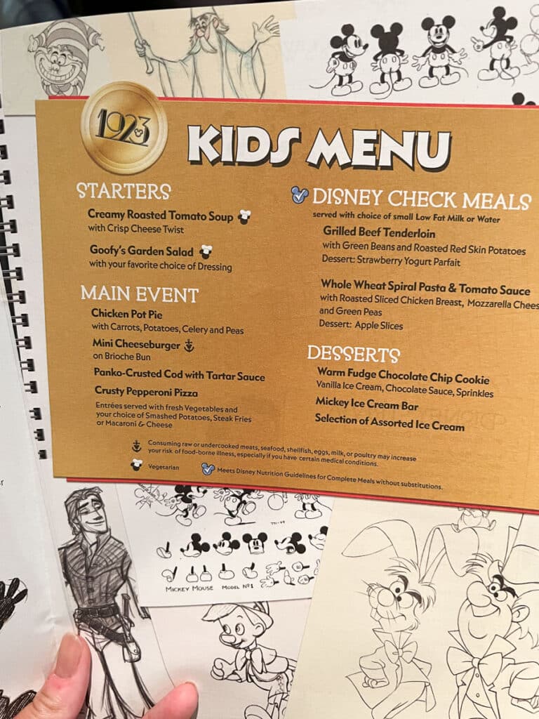 kids menu at 1923 on Disney Wish