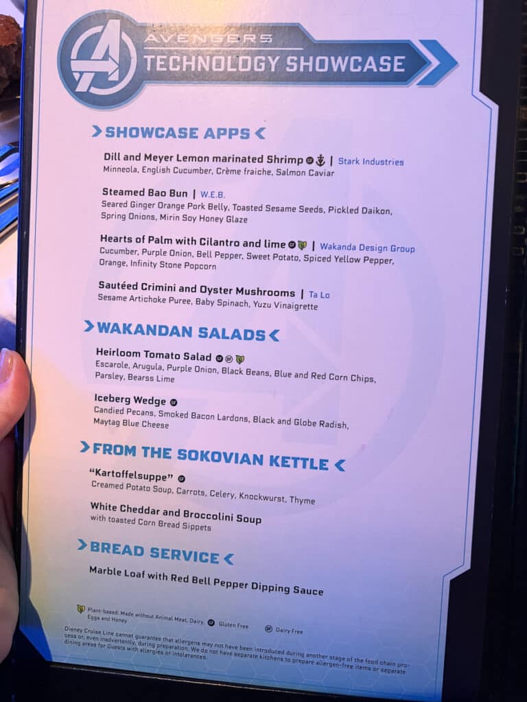 menu at Marvel restaurant on Disney Wish