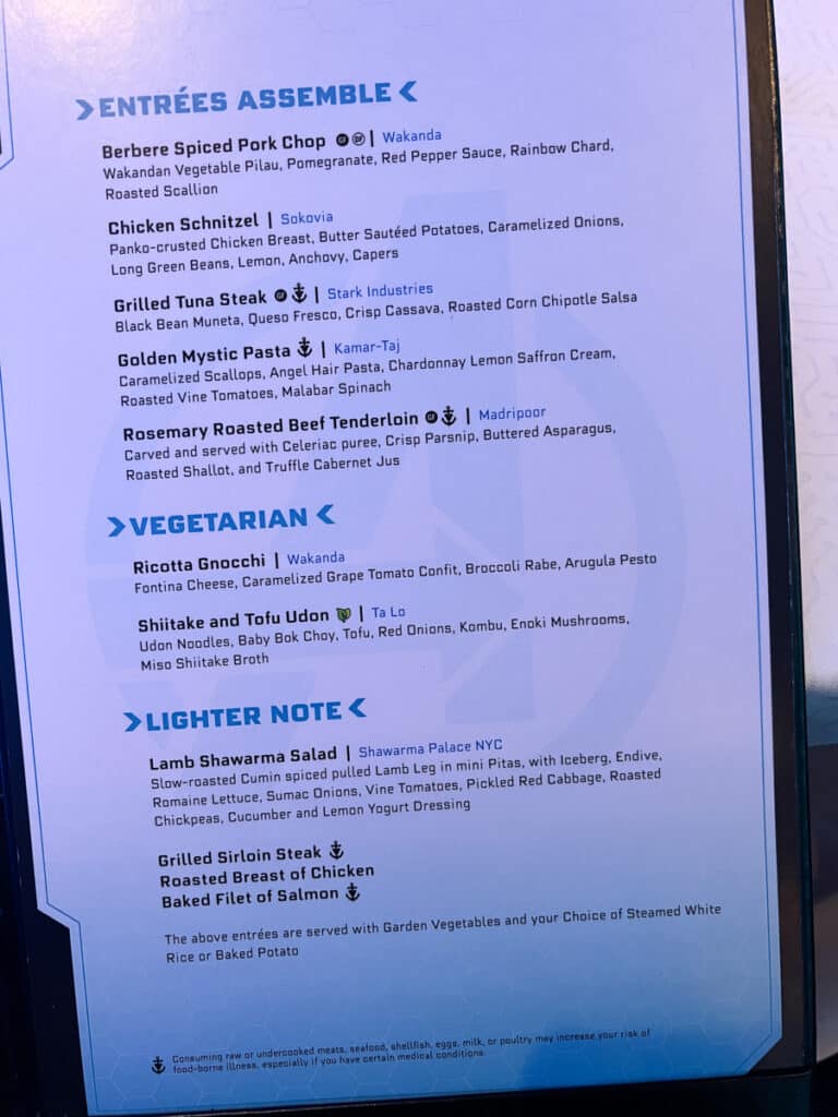 menu at Marvel restaurant on Disney Wish
