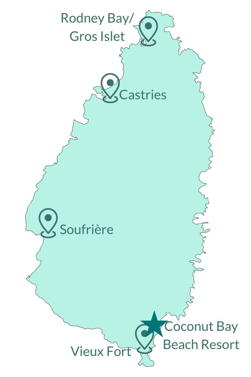 map of st lucia with Coconut Bay resort and major towns