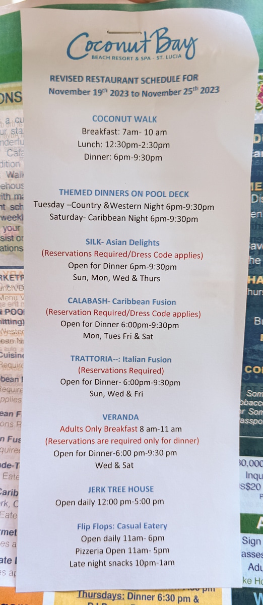 list of restaurant hours at coconut bay resort in st lucia