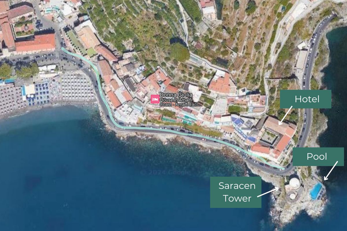 zoomed in map showing the layout of Hotel Luna Convento and route to walk into Amalfi town