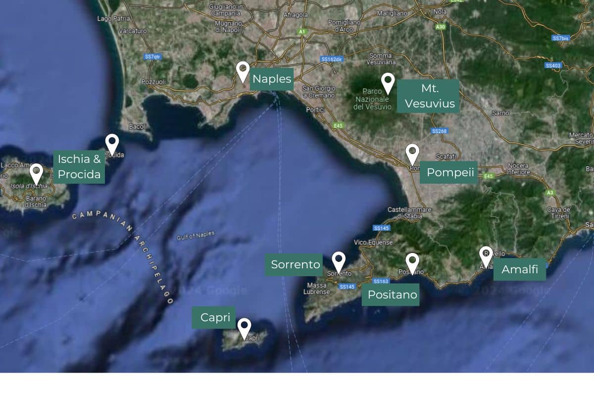 map of amalfi coast with naples and pompeii