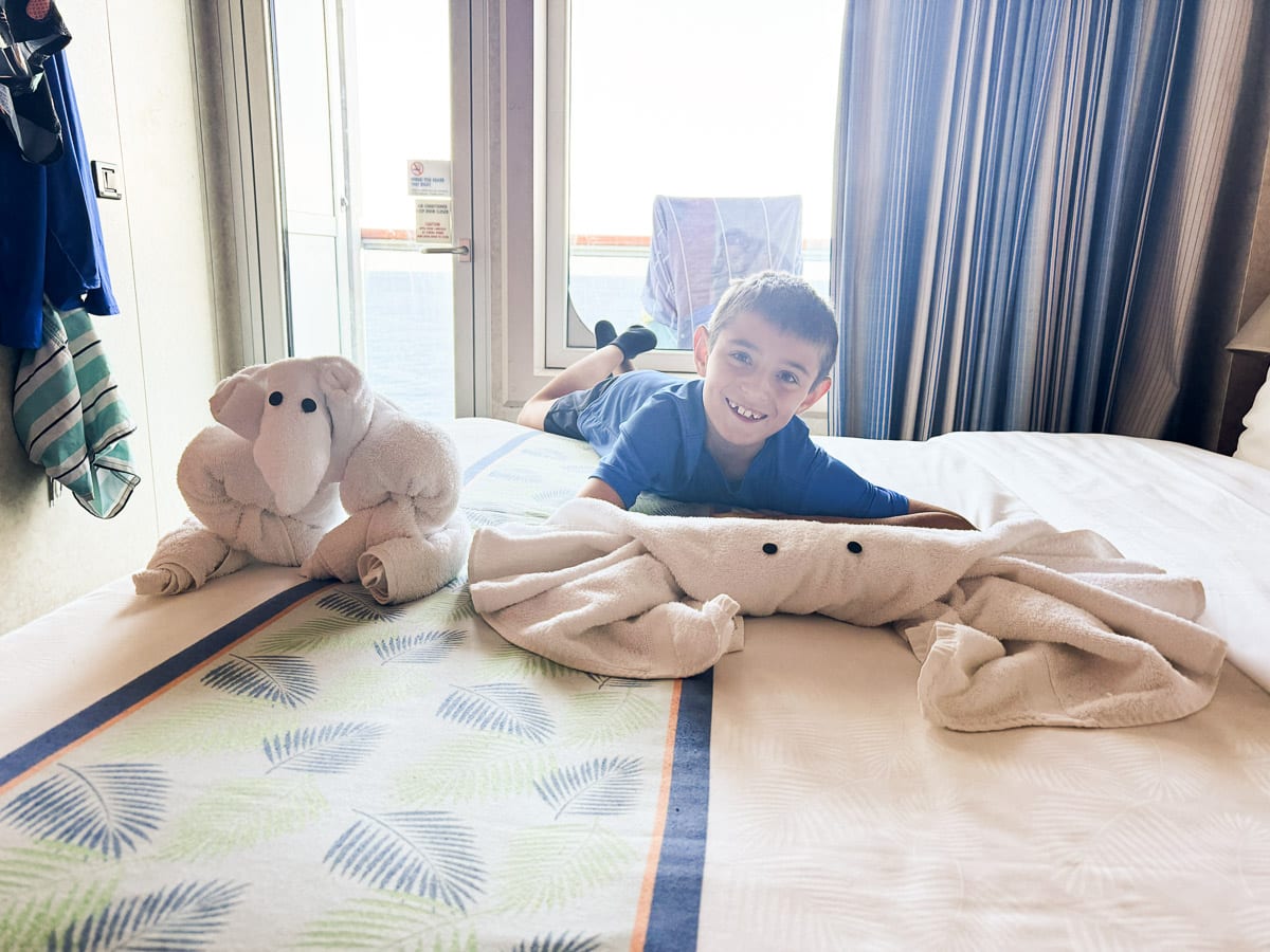 my son with his towel animals in the cabin on Carnival Freedom