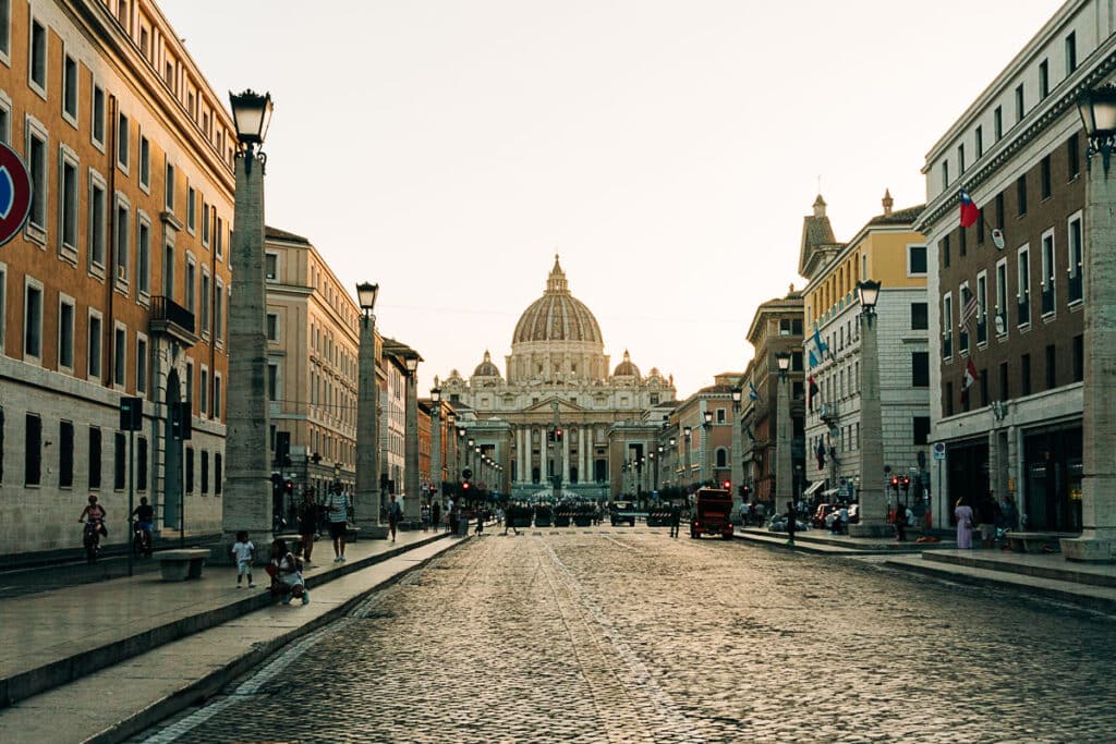 view of St Peters down a street in Rome