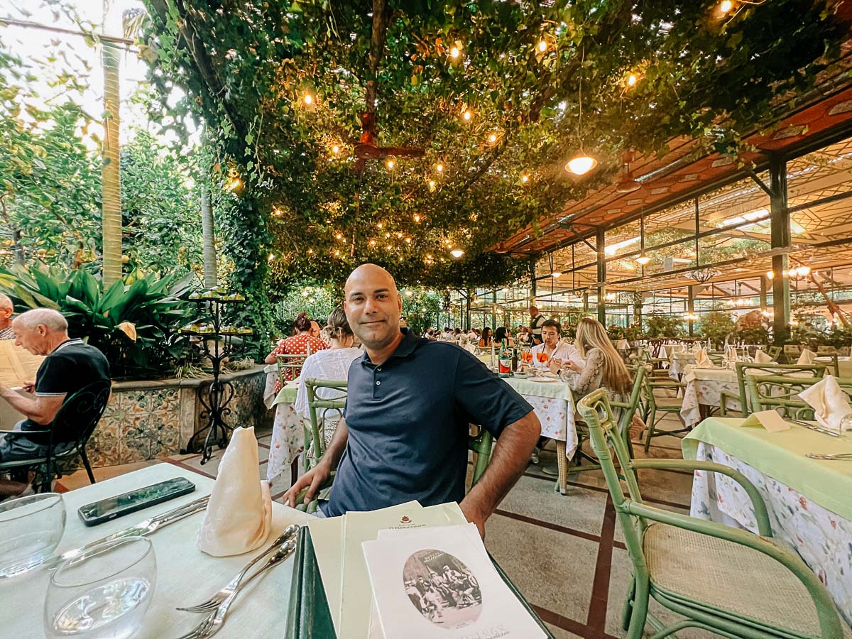 my husband at dinner at O'Paruchianno in Sorrento