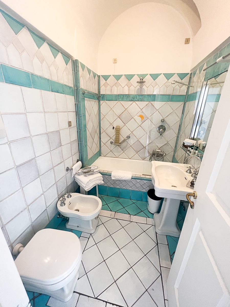 bathroom in our hotel room at Hotel Luna Convento in Amalfi