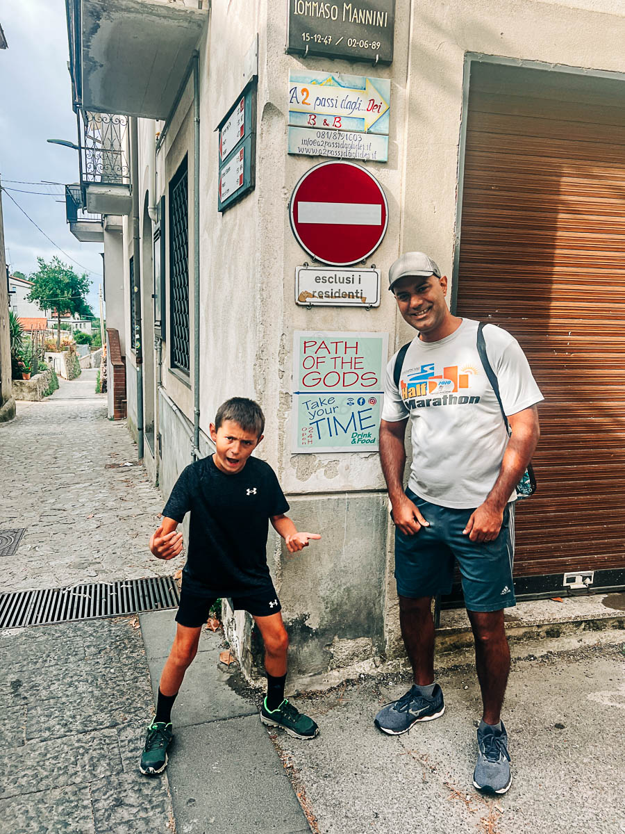 my son and husband in Bomerano, getting ready to hike the path of the gods