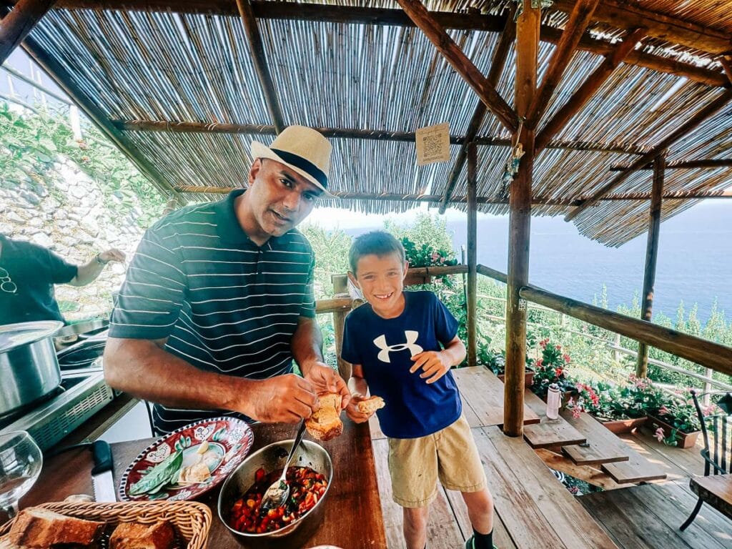 my husband and son at the cooking class