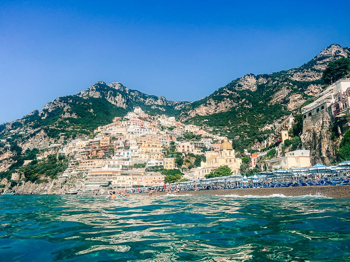 view of Positano town that I took while swimming in the ocean