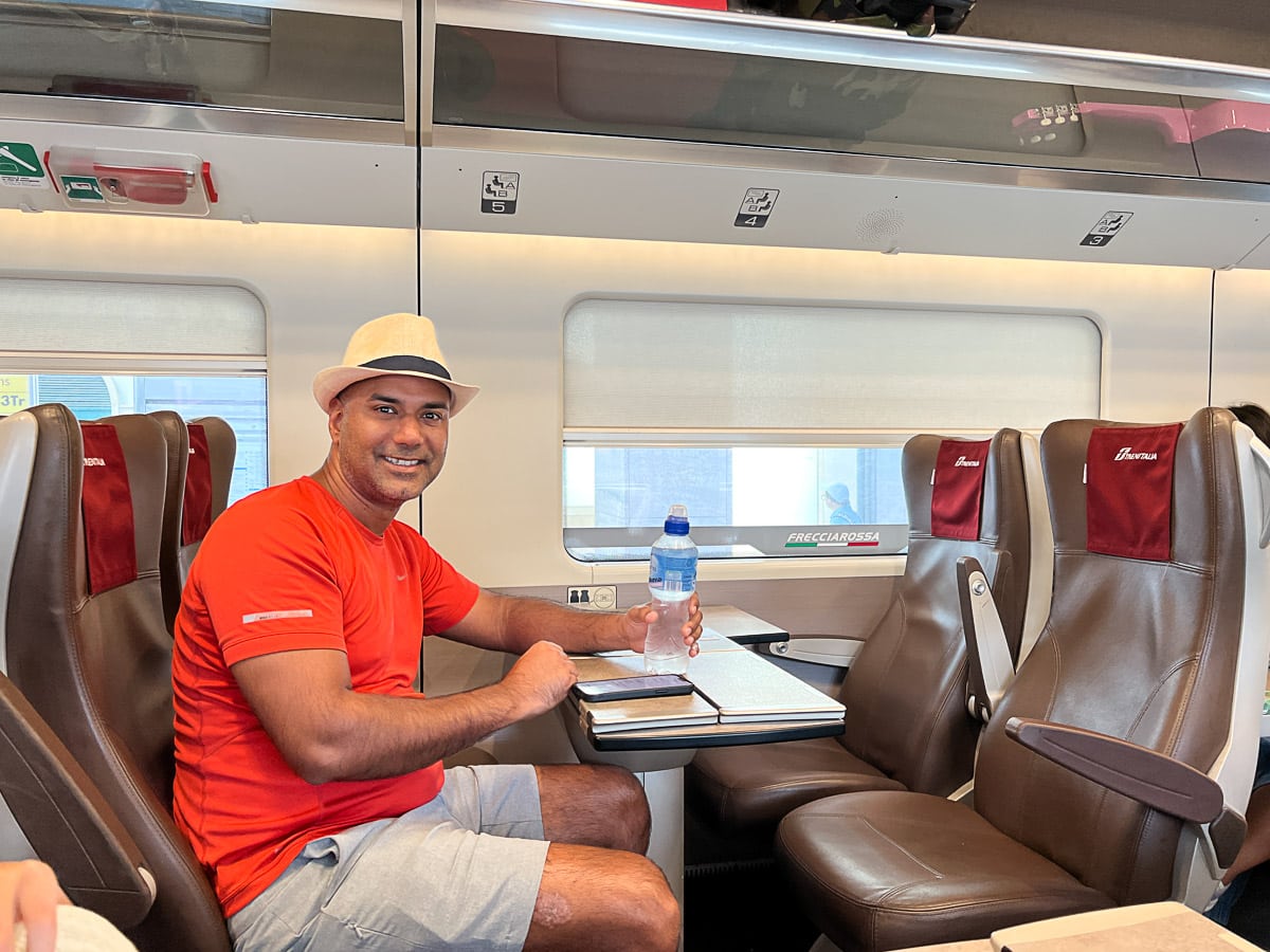 my husband on the train ride to Rome