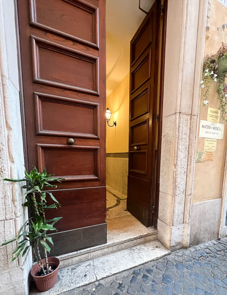 entrance to the hotel from within a restaurant