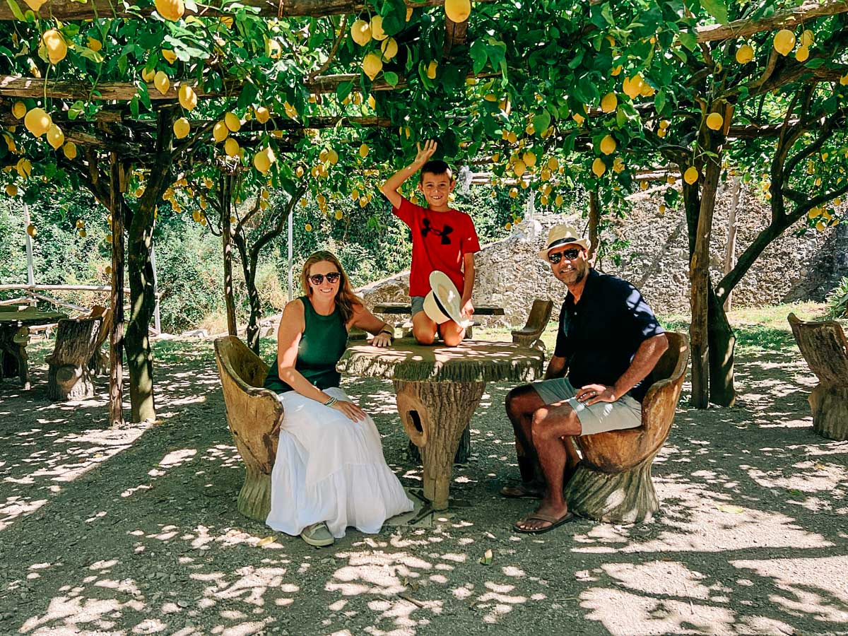 me and my family sitting under the lemon trees
