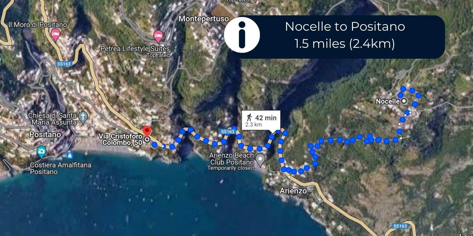 map showing the hike from Nocelle to Positano via Arienzo