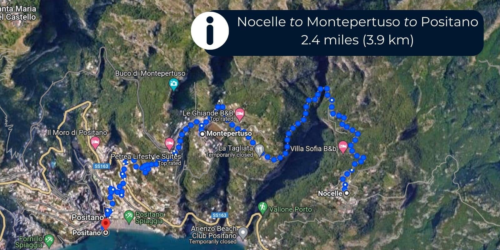 map of the hike from Nocelle to Montepertuso to Positano