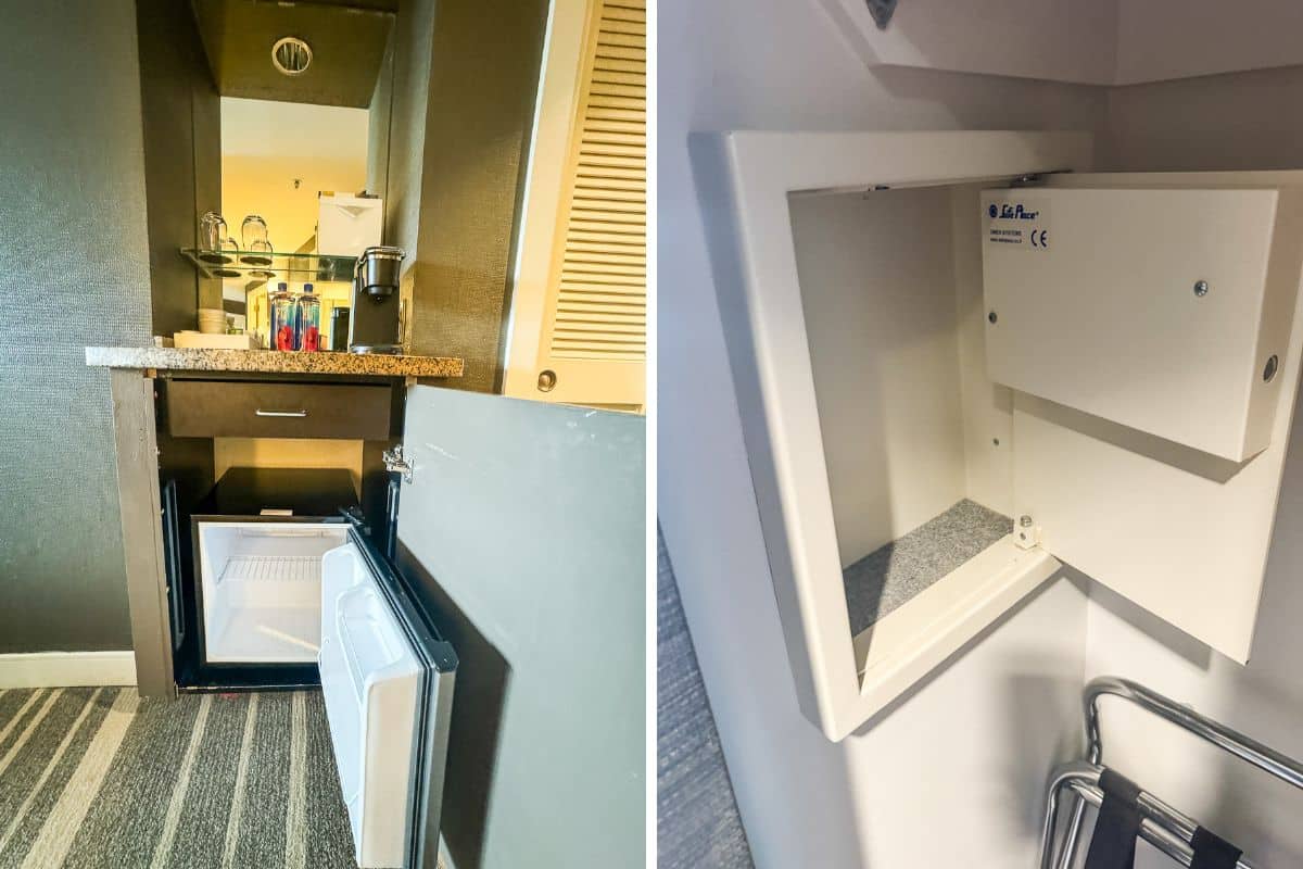 mini fridge and safe in our room