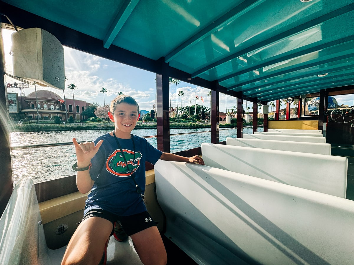 my son on the ferry boat at Universal Orlando CityWalk