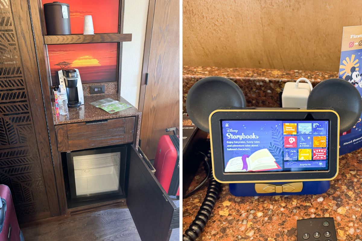 mini fridge and alexa device in the room