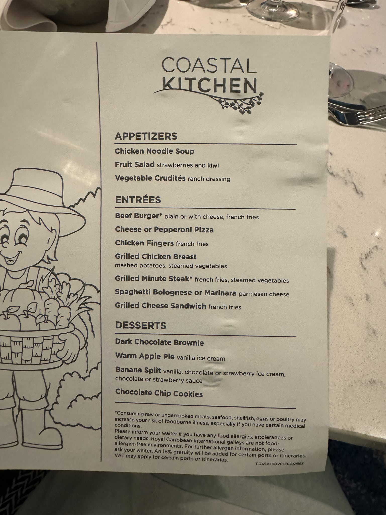 kids menu at Costal Kitchen on Royal Caribbean
