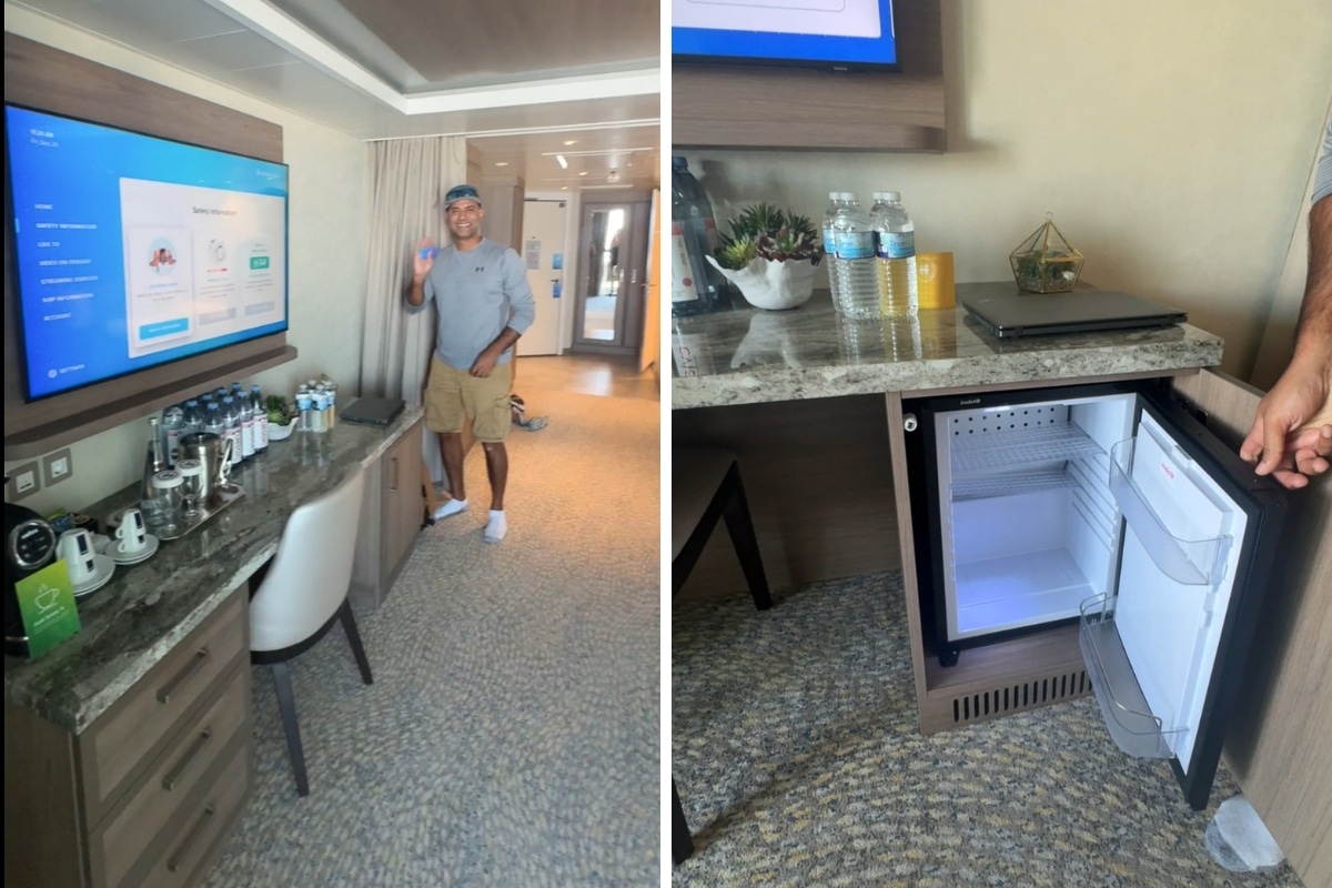 the fridge and desk area in our grand suite