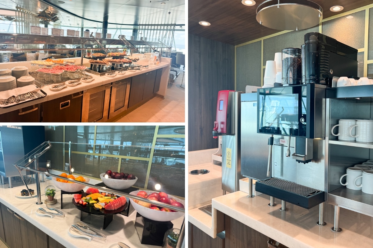 the snacks and fancy coffee machine in the suite lounge