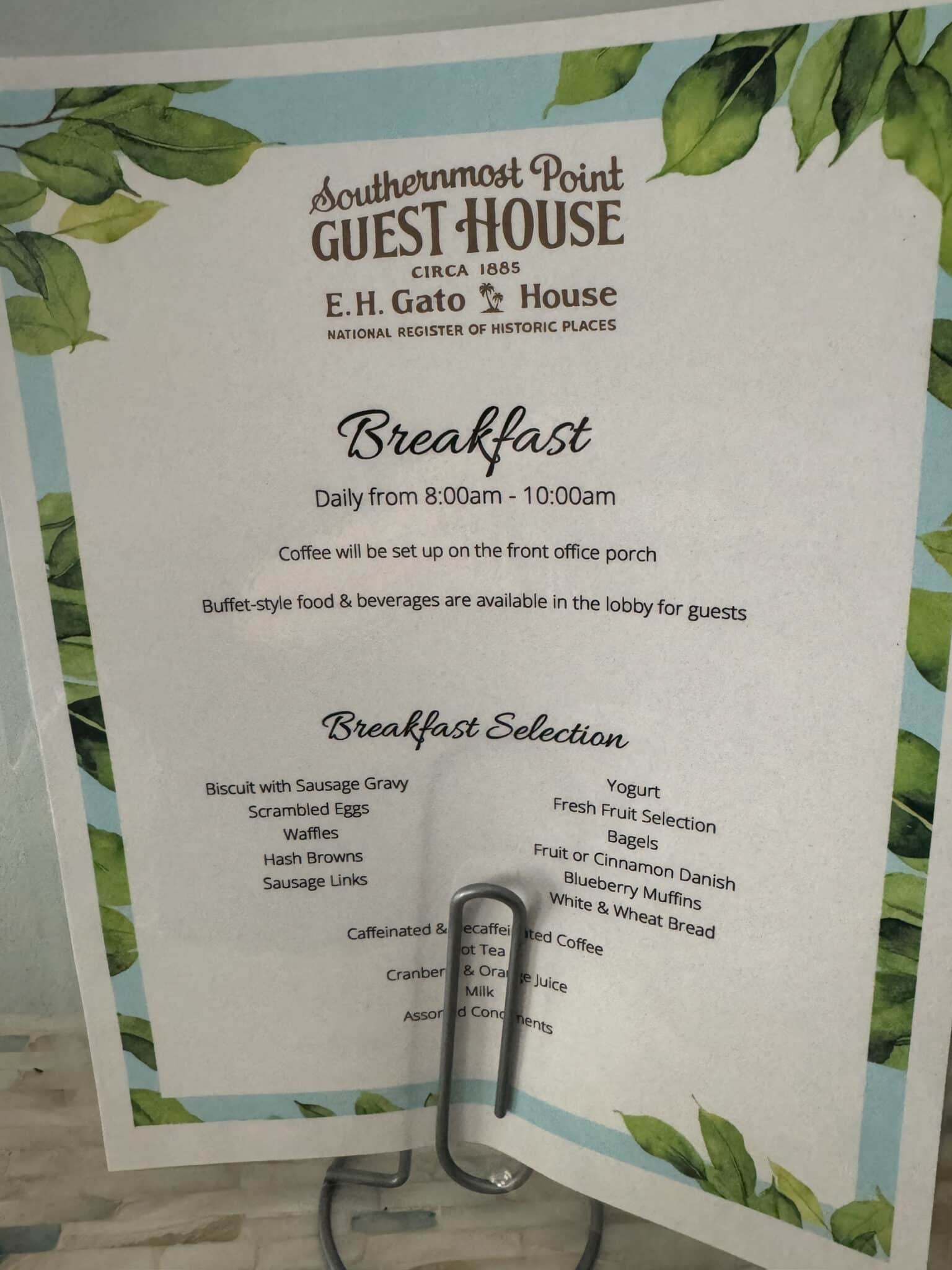 breakfast menu for Southernmost Point Guest House