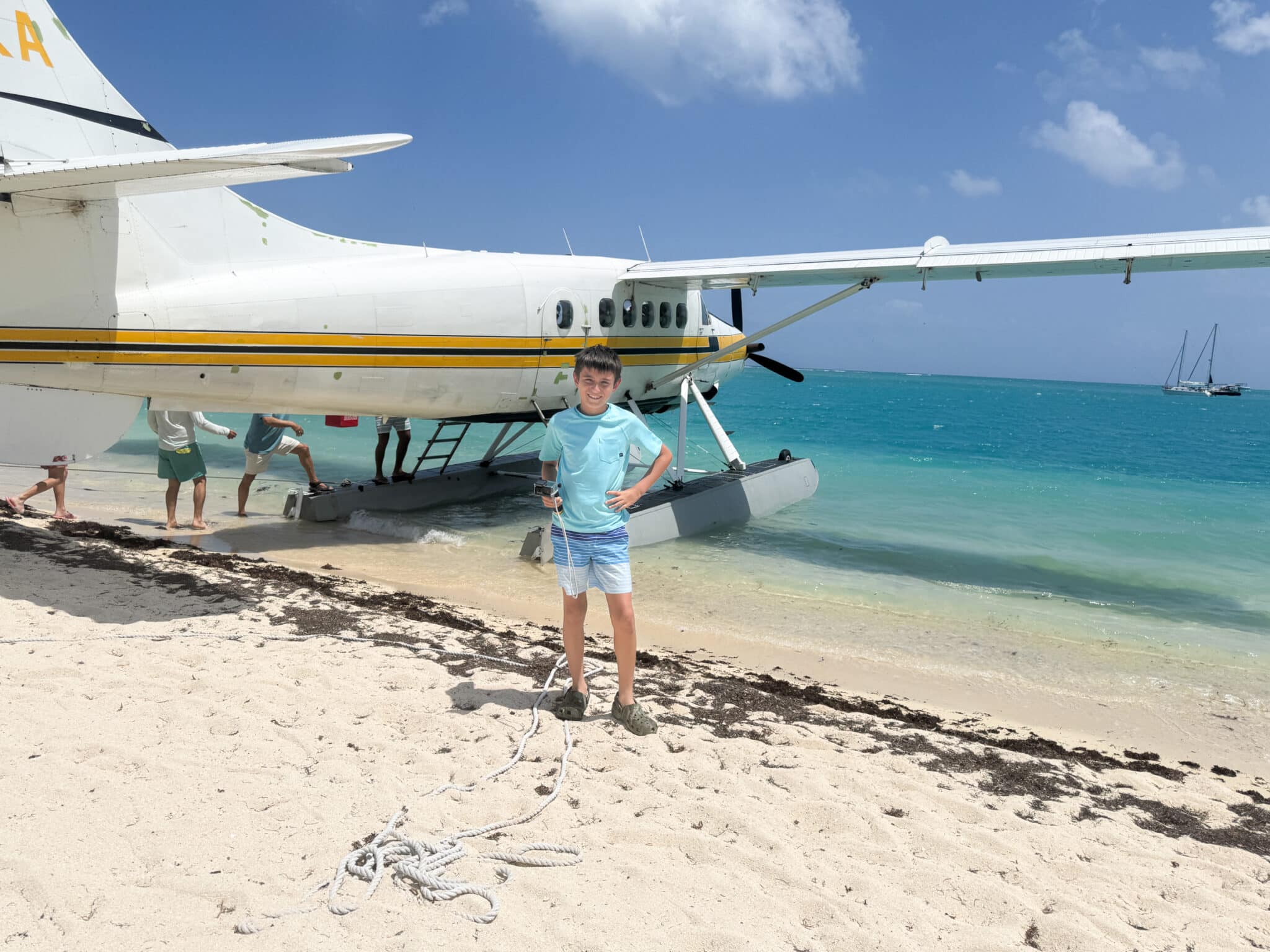 my son in front of the seaplane at Dry Tortugas