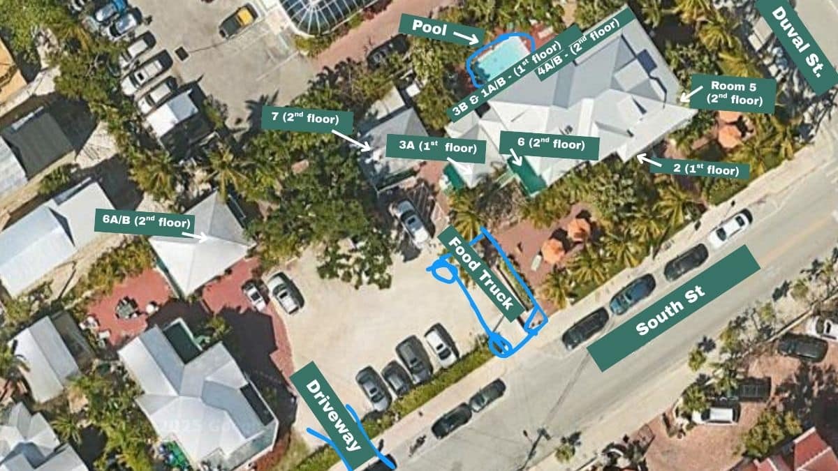 map of the Southernmost Point Guest House property, showing all room locations
