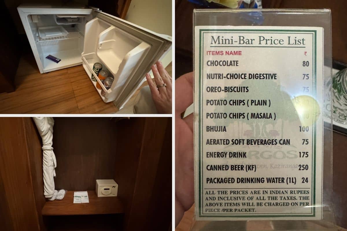 the mini bar menu, the mini fridge, and the room safe