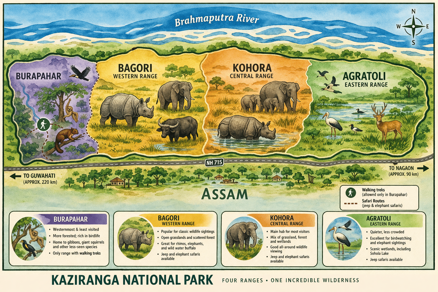 infographic showing the four ranges of kaziranga national park