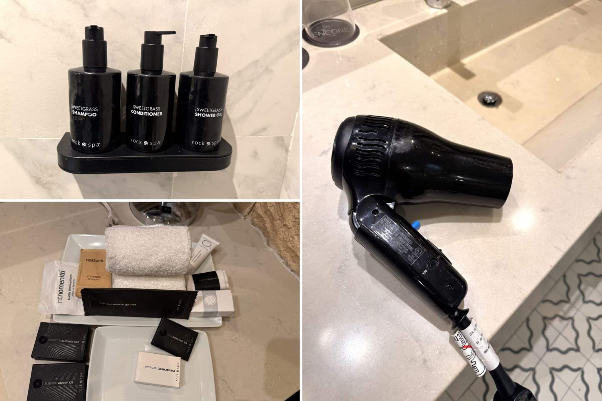 toiletries and hair dryer in the bathroom