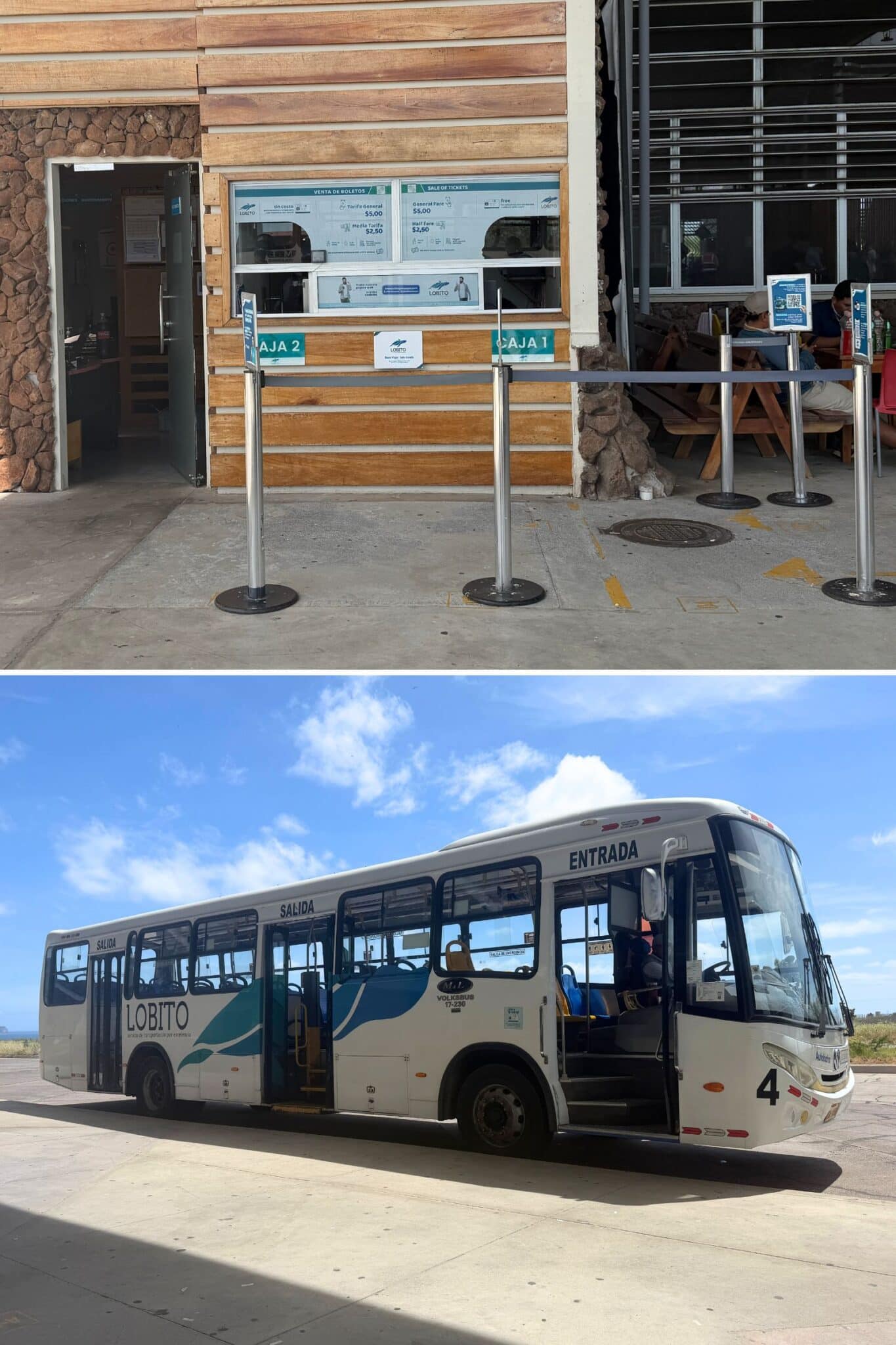 bus and ticket booth at baltra airport