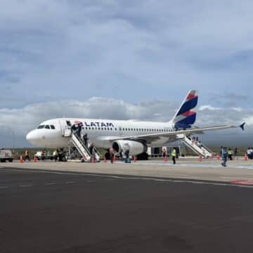 LATAM plane on the tarmac at Baltra airport in Galapagos