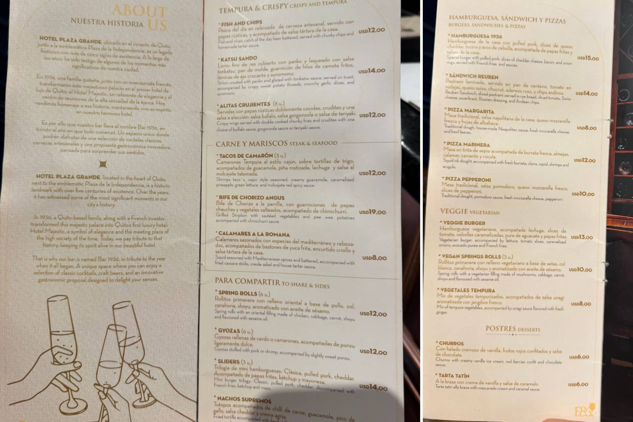 the bar menu at Hotel Plaza Grande in Quito
